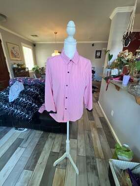 Cruz Pink and Black Striped Button-Down Shirt with Lace Cuff Detail plus matchin